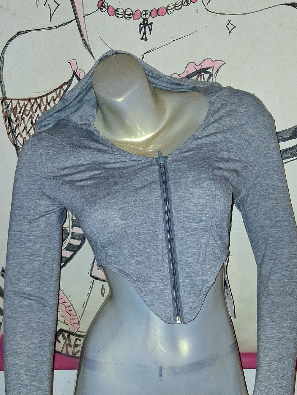 Women's Gray Cropped Zip Hoodie - Lightweight Long Sleeve